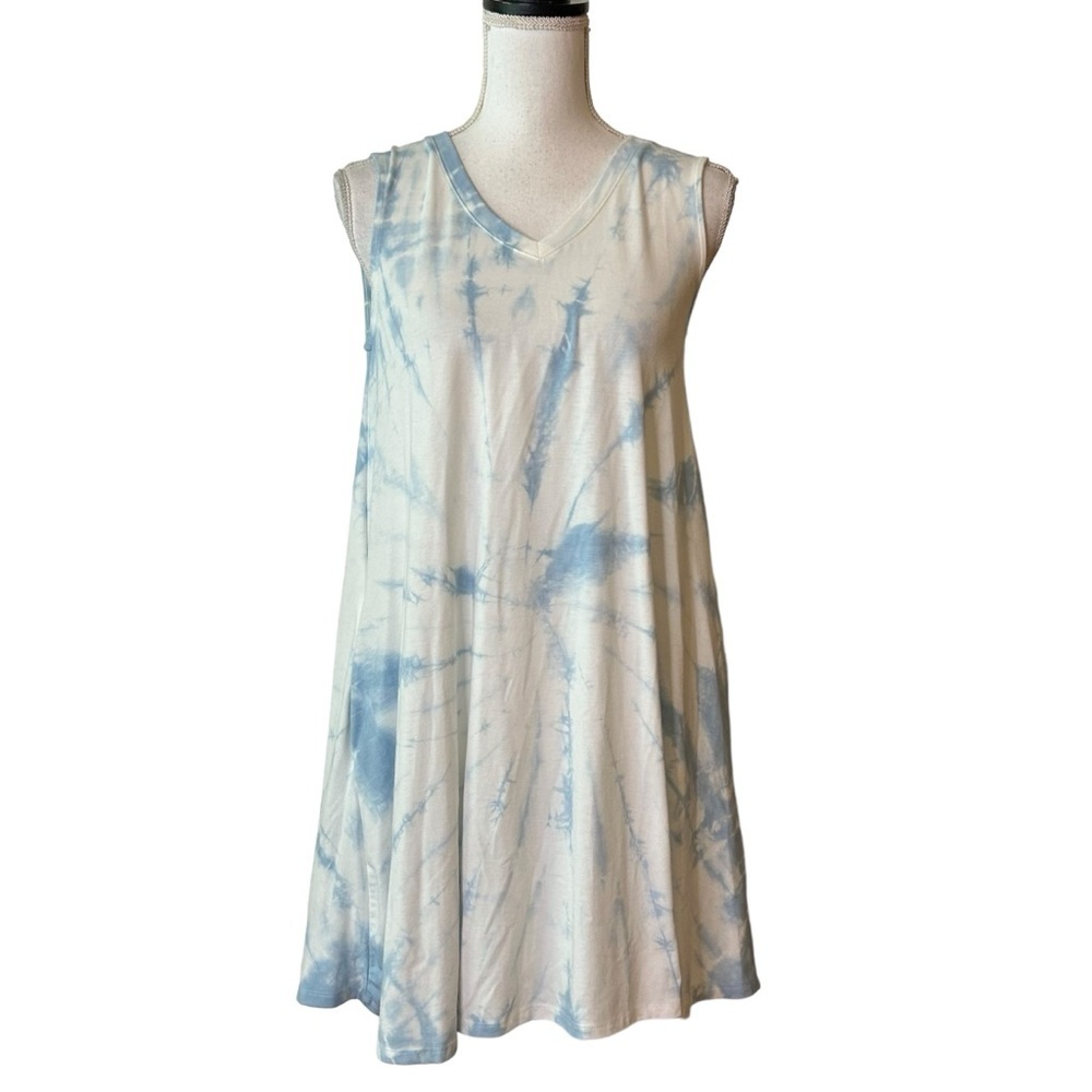 Zenana PremiumV-neck‎ Sleeveless Tie Dye Swing Dress SZ Small Blue White Beach